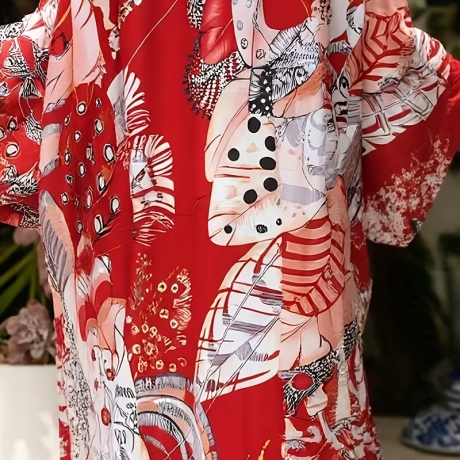 Kimono, lang mit japanischem Motiv rot-weiss, neu