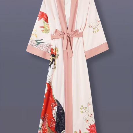 Damen-Kimono, lang mit Haori-Motiv rot-weiss, neu