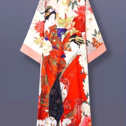 Damen-Kimono, lang mit Haori-Motiv rot-weiss, neu