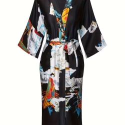 Damen-Kimono, klassisch japan. Motiv, schwarz, lang, neu