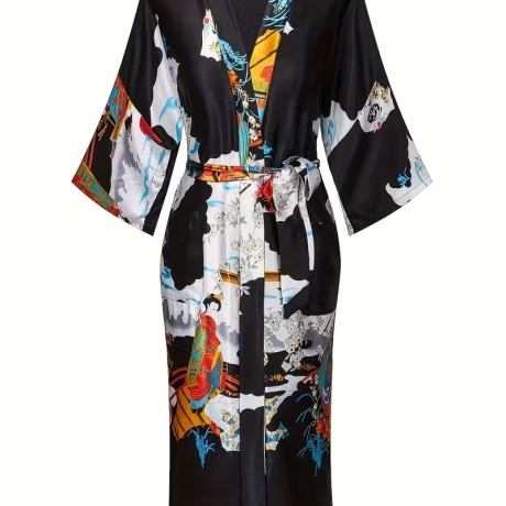 Damen-Kimono, klassisch japan. Motiv, schwarz, lang, neu