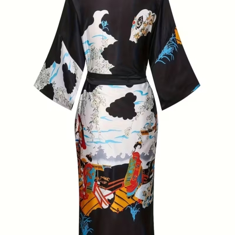 Damen-Kimono, klassisch japan. Motiv, schwarz, lang, neu