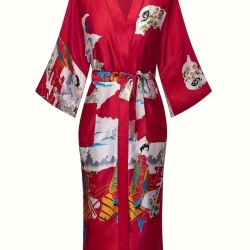 Damen-Kimono, klassisch japan. Motiv, rot, lang, neu