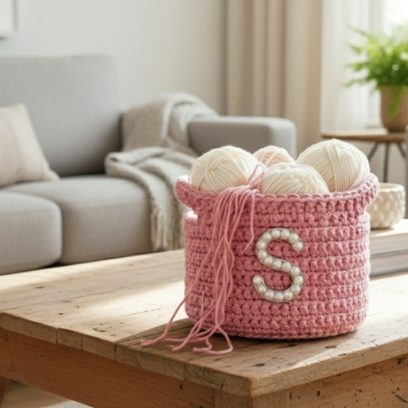 Gehäkelter Boho Aufbewahrungskorb personalisiert mit Buchstabe