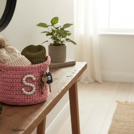 Gehäkelter Boho Aufbewahrungskorb personalisiert mit Buchstabe