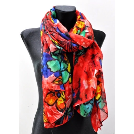 Leichter Sommer-Schal Blumenmotiv. 180 x 120 cm, rot