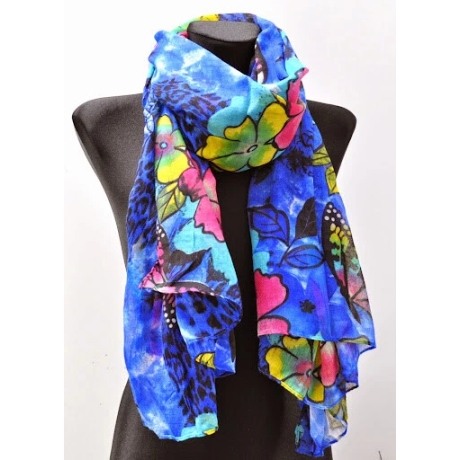 Leichter Sommer-Schal Blumenmotiv. 180 x 120 cm, blau