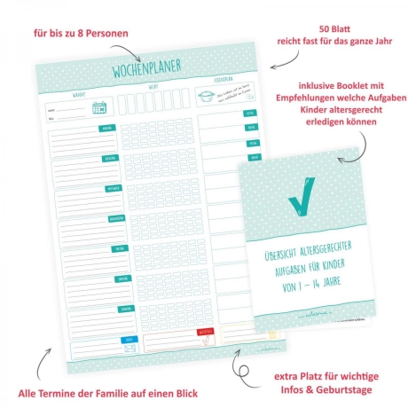 A4 Wochenplaner Block mint für Familien & WGs - 50 Blatt