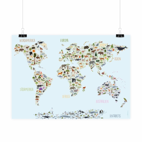 Kinder Lernposter Weltkarte Tiere A1