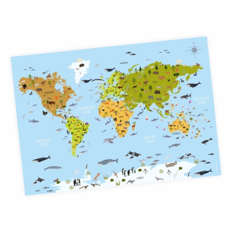 Kinder Lernposter Weltkarte Tiere bunt A2