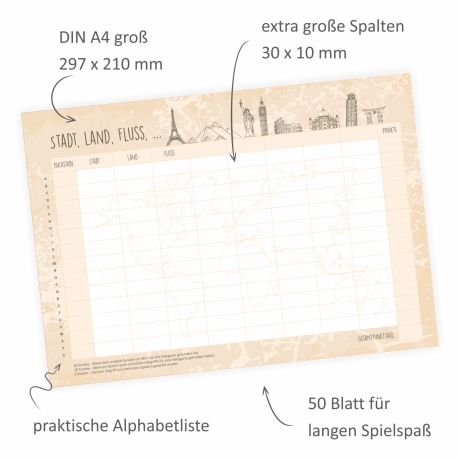 A4 Spielblock Stadt Land Fluss Reisespiel