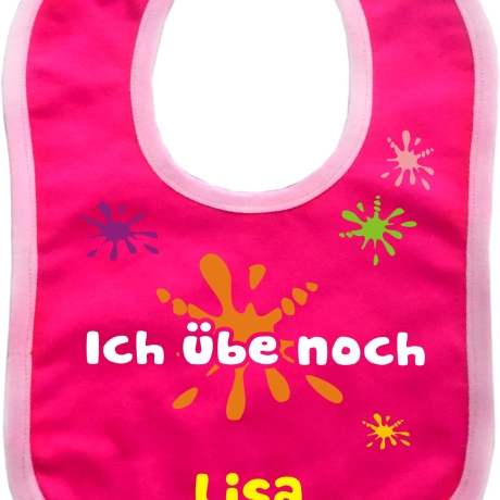 Baby Lätzchen farbiger Saum ICH ÜBE NOCH bedruckt mit Namen