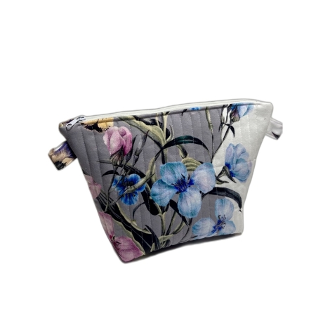 Kosmetiktasche | Blumen Grau Bunt gesteppt | Kulturbeutel 