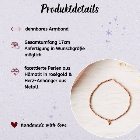 Armband mit Herz aus Hämatit in Roségold – Persönliches Geschenk
