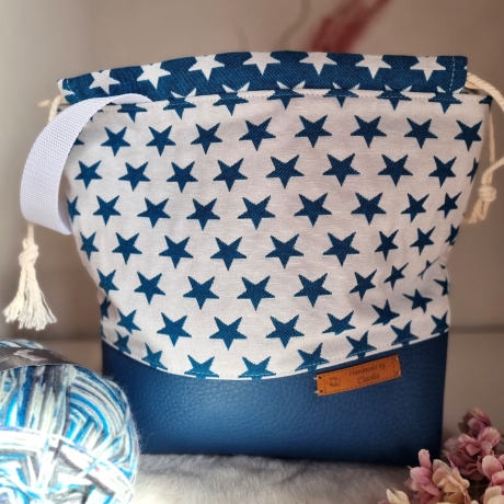 Projektbeutel/Projekttasche Sterne weiss/blauer Rand