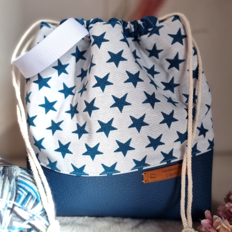 Projektbeutel/Projekttasche Sterne weiss/blauer Rand