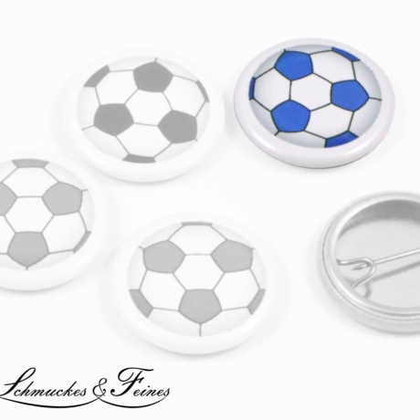 Button Anstecker 25 mm Fußball in blau auf weißem Grund