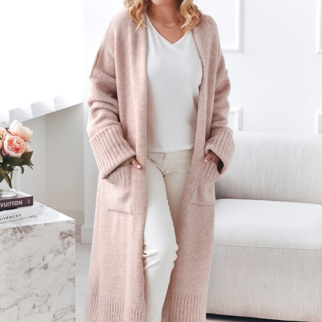 Oversized Strickmantel lang Strickjacke Cardigan Weste Puder S-XL