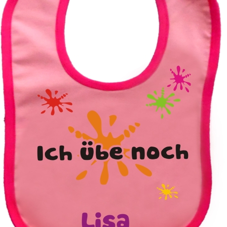 Baby Lätzchen farbiger Saum ICH ÜBE NOCH bedruckt mit Namen