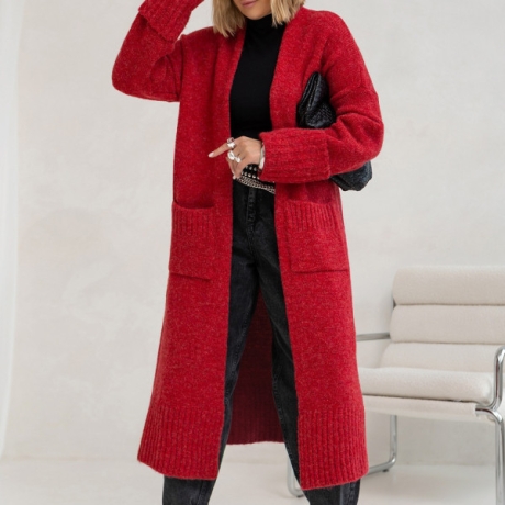 Oversized Strickmantel lang Strickjacke Cardigan Weste Rot S - XL