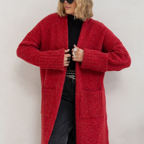 Oversized Strickmantel lang Strickjacke Cardigan Weste Rot S - XL