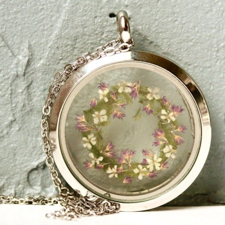 Medaillon silber Blüten Moos Edelstahl Kette Geschenk Frau