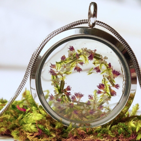 Medaillon silber Blüten Moos Edelstahl Kette Geschenk Frau