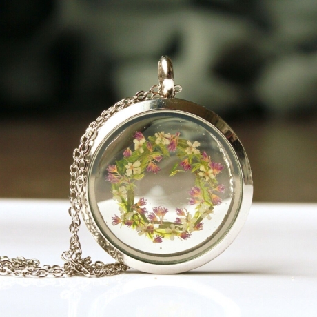 Medaillon silber Blüten Moos Edelstahl Kette Geschenk Frau