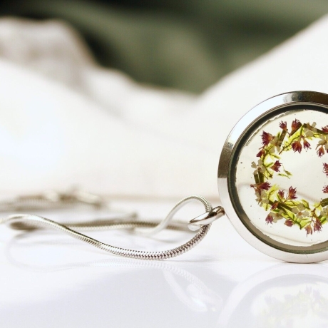 Medaillon silber Blüten Moos Edelstahl Kette Geschenk Frau