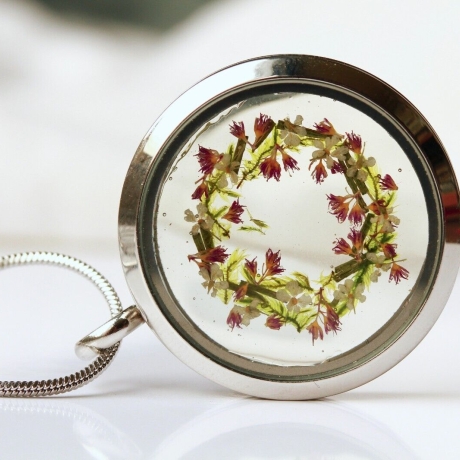 Medaillon silber Blüten Moos Edelstahl Kette Geschenk Frau