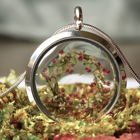 Medaillon silber Blüten Moos Edelstahl Kette Geschenk Frau