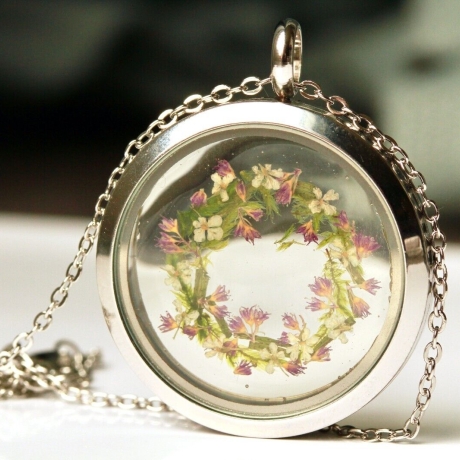 Medaillon silber Blüten Moos Edelstahl Kette Geschenk Frau