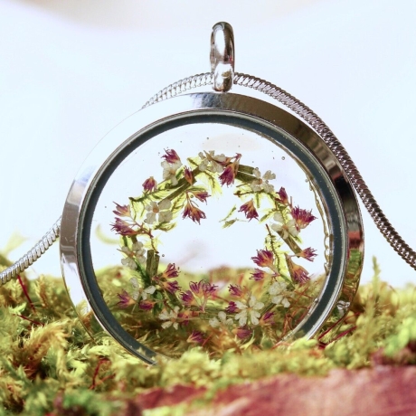 Medaillon silber Blüten Moos Edelstahl Kette Geschenk Frau