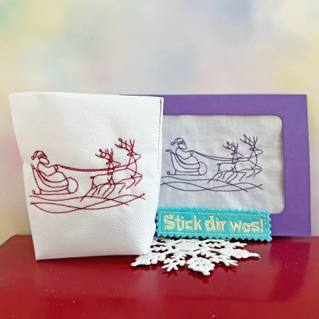 Santaschlitten Einzelmotiv Redwork plus Lichtbeutel Stickdatei