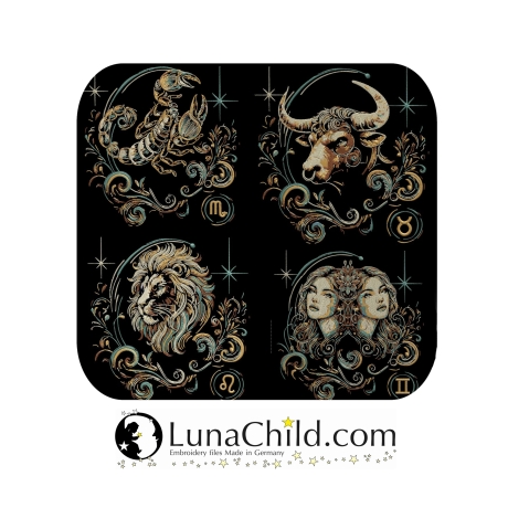 Neu Spar Set Stickdateien 12 x Sternzeichen Zodiak Sternbild