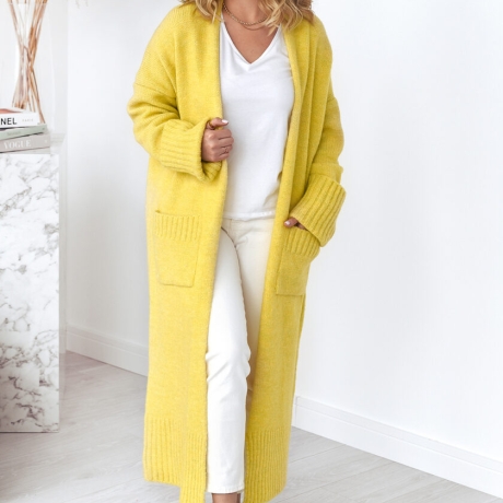 Oversize Strickmantel Strickjacke lang Cardigan Weste Gelb S-XL