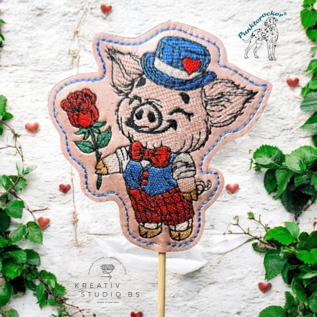 Glücksschwein Timmy mit Rose | Stabdatei | 8.70 x 8.83 cm | VS