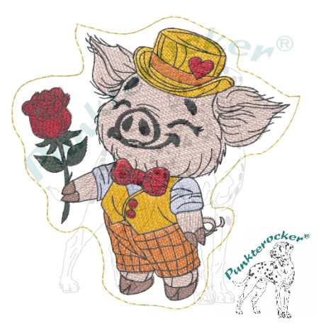 Glücksschwein Timmy mit Rose | Stabdatei | 8.70 x 8.83 cm | VS