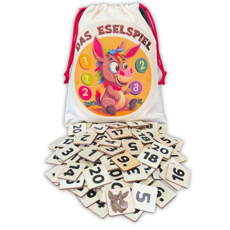 Eselspiel 2.0 Eckig + Volle Zahlen + 121 Teile Holz + Beutel - 