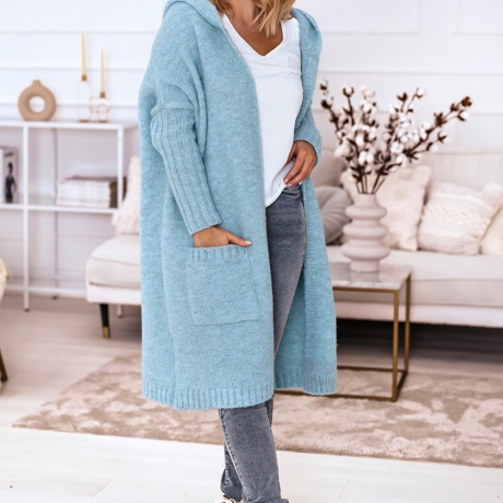Oversize Strickmantel lange Strickjacke Cardigan Türkis M-2XL