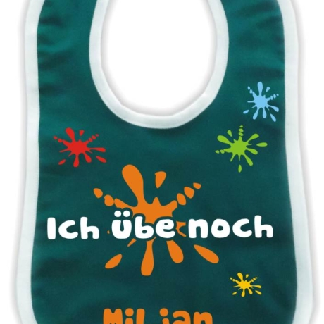 Baby Lätzchen farbiger Saum ICH ÜBE NOCH bedruckt mit Namen