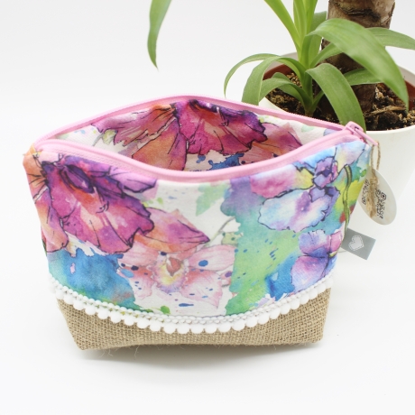 Universal-/Kosmetiktasche Blumen Bunt Canvas Jute Unikat
