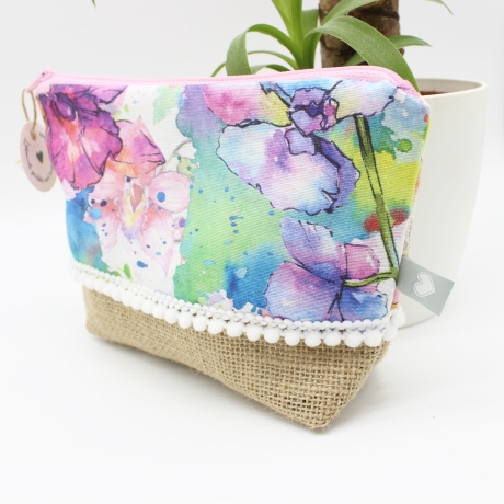 Universal-/Kosmetiktasche Blumen Bunt Canvas Jute Unikat