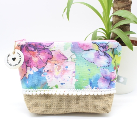 Universal-/Kosmetiktasche Blumen Bunt Canvas Jute Unikat
