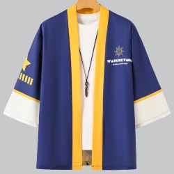 Herren-Kimono, Handarbeit, blau-gelb mit Motiv, neu, kurz