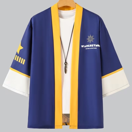 Herren-Kimono, Handarbeit, blau-gelb mit Motiv, neu, kurz