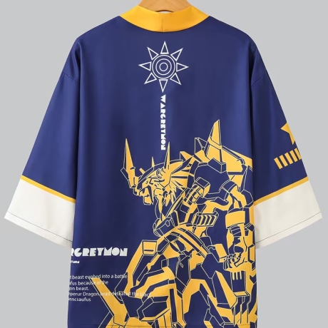 Herren-Kimono, Handarbeit, blau-gelb mit Motiv, neu, kurz