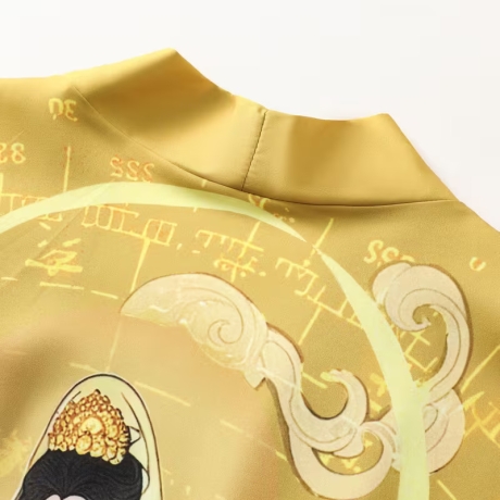 Herren-Kimono, Handarbeit, gelb mit Motiv Geisha, neu, kurz