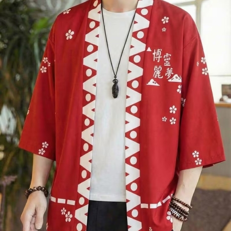 Herren-Kimono, Handarbeit, rot mit weiss. Motiv, neu, kurz