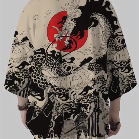 Herren-Kimono, Handarbeit, hell-gelb.Motiv, Drache, neu, kurz